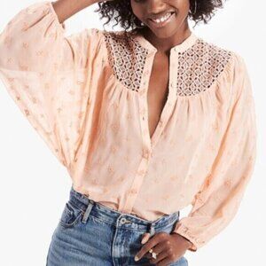 LUCKY BRAND Lace Yoke Dolman Blouse Pink / Peach Embroidered Button 3/4 Sleeve S